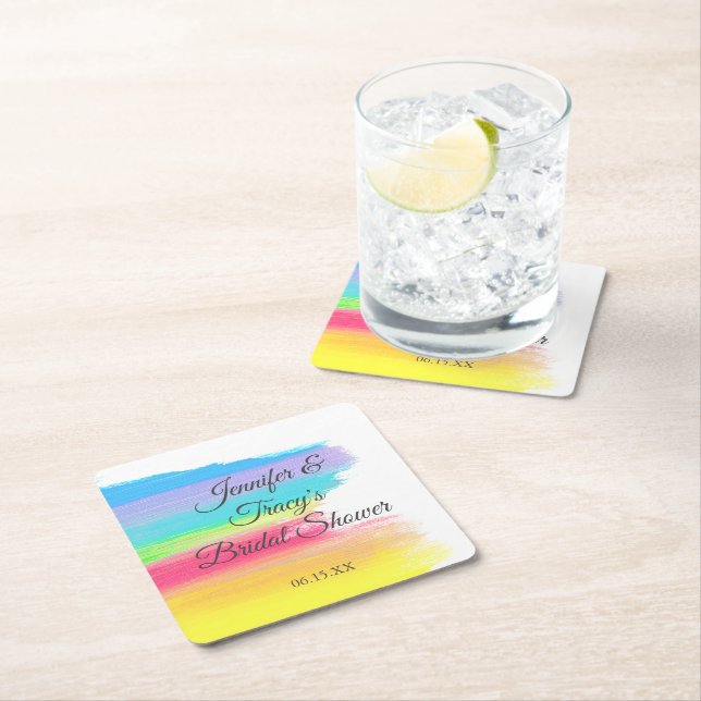 Elegant Rainbow Personalized Lesbian Bridal Shower Square Paper Coaster (Insitu)