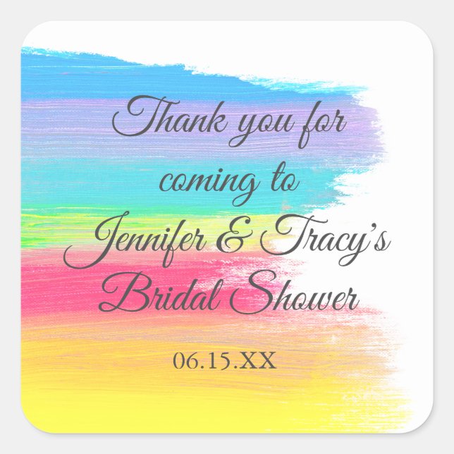 Elegant Rainbow Personalized Lesbian Bridal Shower Square Sticker (Front)