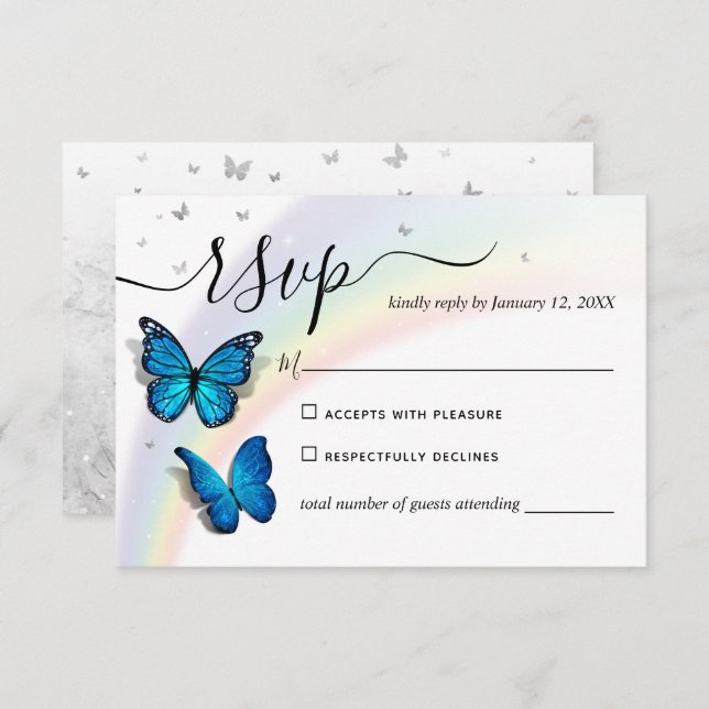 Elegant Rainbow Silver and Blue Butterfly Wedding RSVP Card (Front/Back)