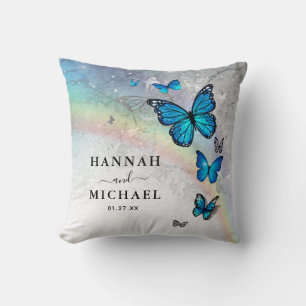 Elegant Rainbow Silver and Blue Butterfly Wedding Throw Pillow