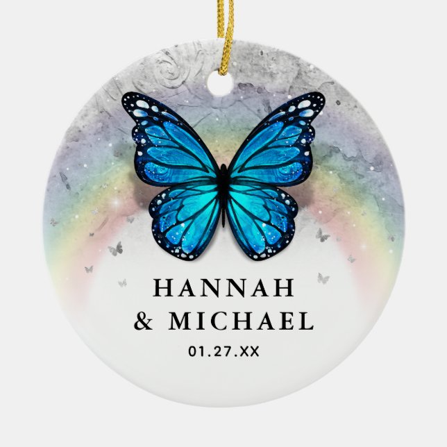 Elegant Rainbow Template Blue Butterfly Wedding Ceramic Ornament (Front)