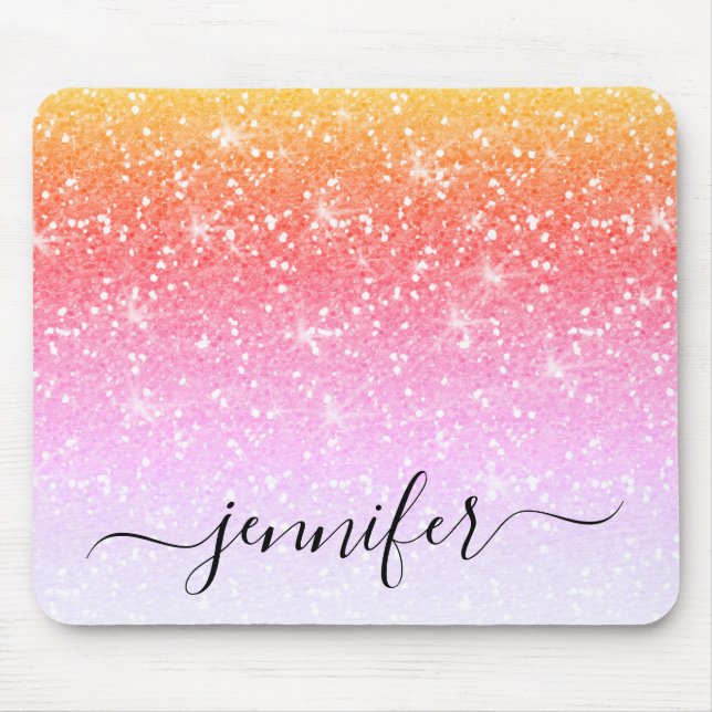 Elegant Rainbow Unicorn Glitter Sparkle Your Name Mouse Pad (Front)
