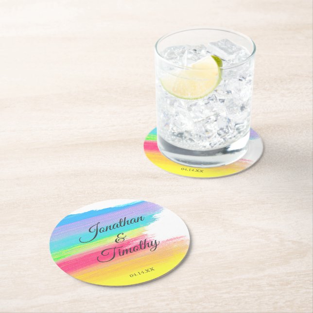 Elegant Rainbow Watercolor Modern LGBTQ Wedding Round Paper Coaster (Insitu)