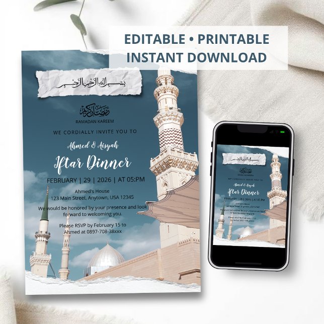 Elegant Ramadan Iftar Invitation with White Mosque (Creator Uploaded)
