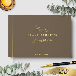 Elegant Real Foil, Brown Funeral/ Life Celebration Guest Book
