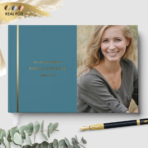 Elegant Real Foil, In Loving Memory Teal Funeral Guest Book