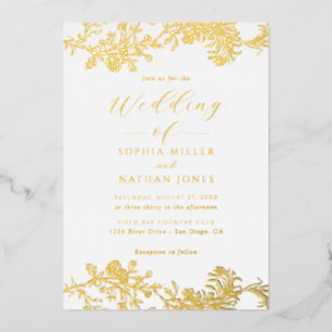 Elegant Real Gold Foil Floral Lace Script Wedding 