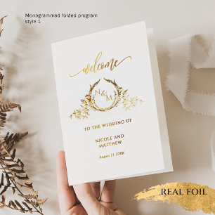 Elegant Real Gold Foil Monogram, Wedding Program Card