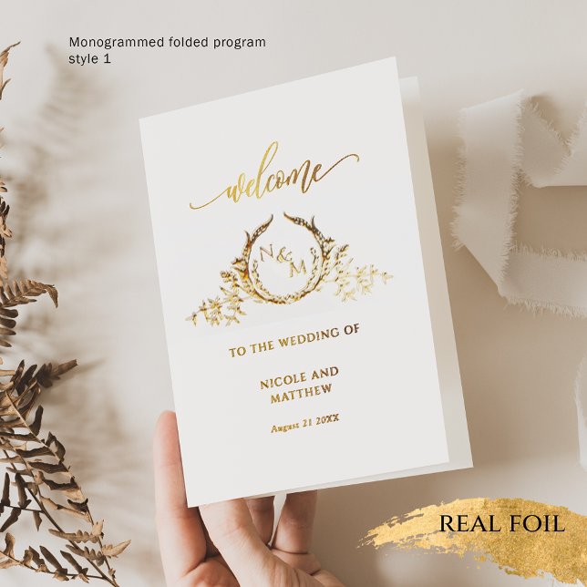 Elegant Real Gold Foil Monogram, Wedding Program Card (Creator Uploaded)