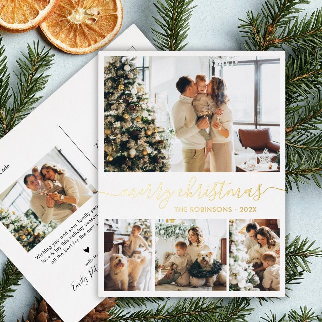 Elegant Real Gold Foil Script 4 Photo Collage  Foil Holiday Postcard (Creator Uploaded)