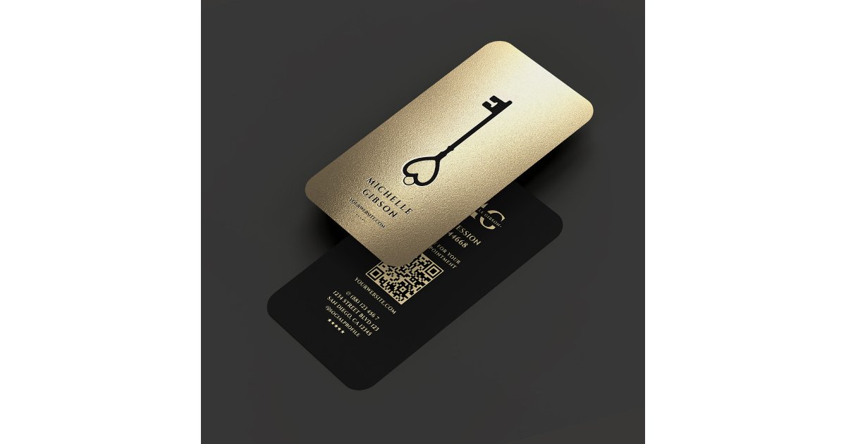 Elegant Realtor Monogram Black Gold Key Modern Business Card | Zazzle