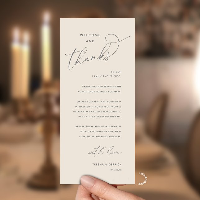 Elegant Reception "Welcome and Thanks" Guest Card (Modern Elegant Wedding Reception "Welcome and Thanks" Table Card for Guest in Cream Grey)