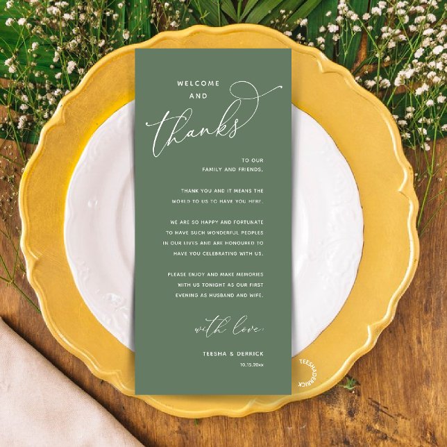 Elegant Reception "Welcome and Thanks" Guest Card (Modern Elegant Wedding Reception "Welcome and Thanks" Table Card for Guest in Sage Green)