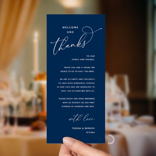 Elegant Reception "Welcome and Thanks" Guest Card (Modern Elegant Wedding Reception "Welcome and Thanks" Table Card for Guest in Navy Blue)
