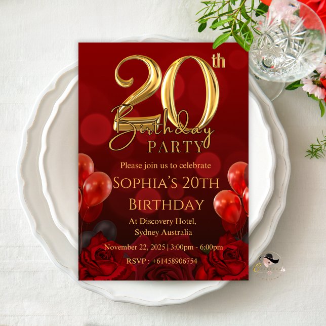 ELEGANT RED 20TH BIRTHDAY INVITATIONS CARDS GIRL (Creator Uploaded)