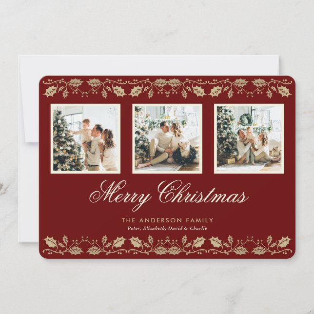 Elegant Red 3 Photo Merry Christmas Card (Front)