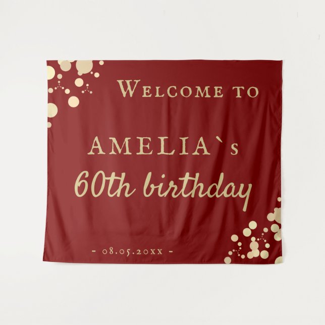 Elegant Red 60th Birthday Party Welcome Backdrop Tapestry (Front (Horizontal))