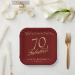 Elegant Red 70 and Fabulous 70th Birthday Paper Plate<br><div class="desc">Elegant Red 70 and Fabulous 70th Birthday Party Paper Plates. 70 and fabulous text in trendy golden script on a dark red background. Personalize it with your name and your age,  and make your own elegant birthday party plates for a woman`s birthday party.</div>