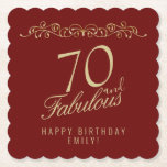 Elegant Red 70 and Fabulous 70th Birthday Party Paper Coaster<br><div class="desc">Elegant Red 70 and Fabulous 70th Birthday Party Paper Coaster. 70 and fabulous text in trendy golden script. Personalize it with your name and your age,  and make your own elegant birthday party coasters for a woman`s birthday celebration.</div>