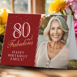 Elegant Red 80 and Fabulous 80th Birthday Photo Card<br><div class="desc">80 and Fabulous Elegant Red 80th Birthday Photo Card. 80 and fabulous text in trendy script with a name on a red background. Personalize it with your photo,  name and age. Add your text inside the card or erase it. It`s a great personalized photo card for a woman`s birthday.</div>