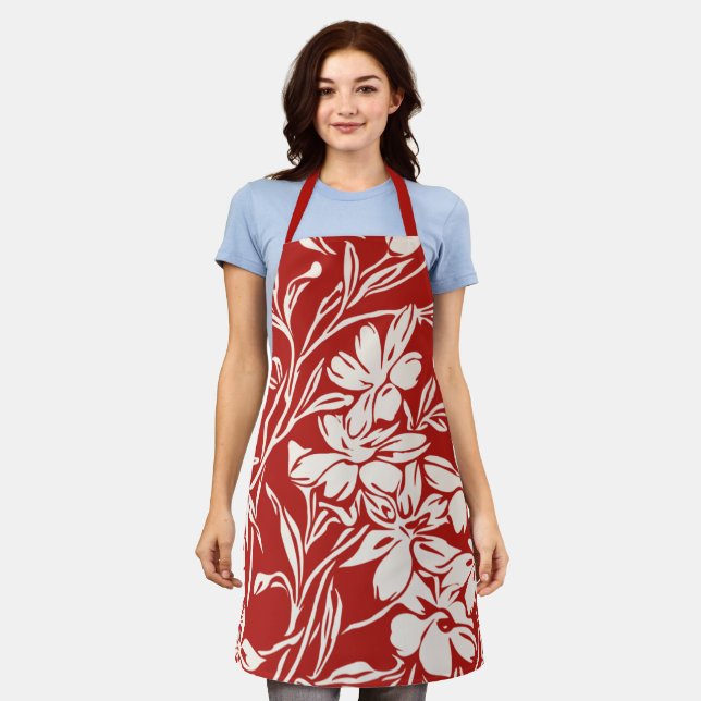 Elegant Red Abstract Floral Illustration Pattern Apron (Worn)
