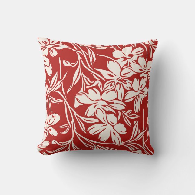 Elegant Red Abstract Floral Illustration Pattern Throw Pillow (Front)