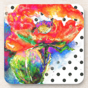 Elegant red abstract floral watercolor painting coaster