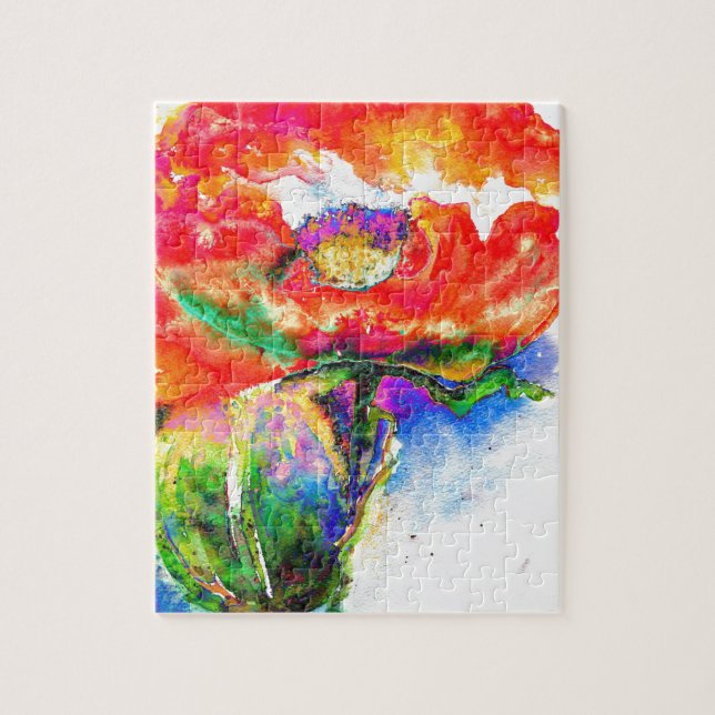 Elegant red abstract floral watercolor painting jigsaw puzzle (Vertical)