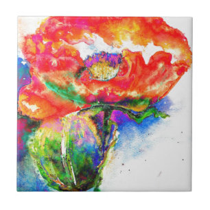 Elegant red abstract floral watercolor painting tile
