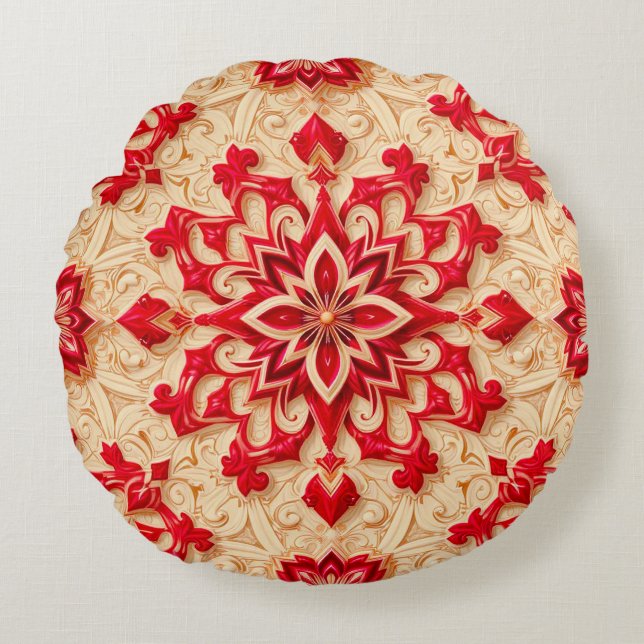Elegant Red and Beige Ornamental Pattern Round Pillow (Front)