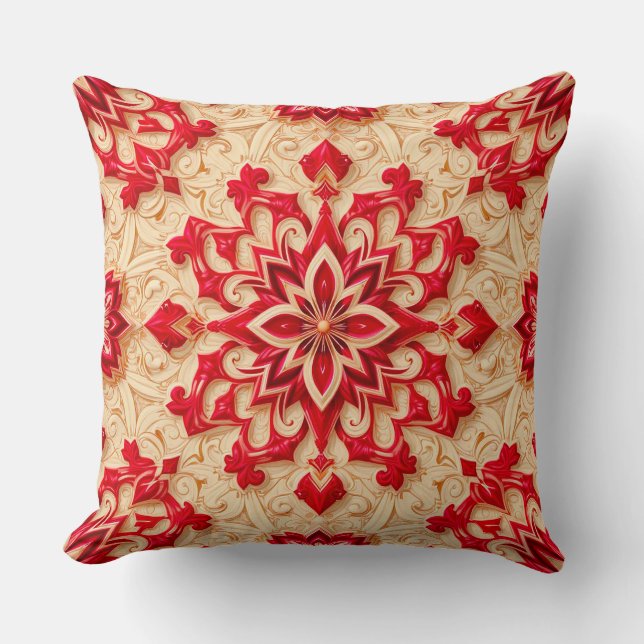 Elegant Red and Beige Ornamental Pattern Throw Pillow (Front)