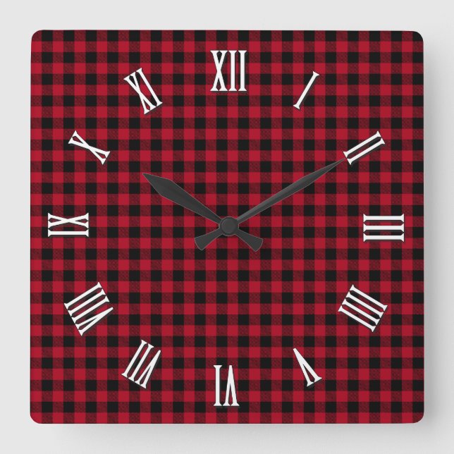 Elegant red and black buffalo plaid, chequered square wall clock (Front)