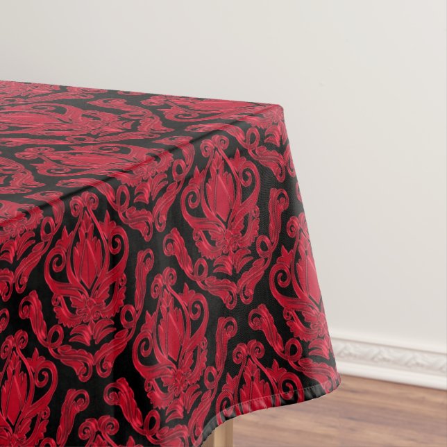Elegant Red and Black Damask Print Tablecloth (In Situ)