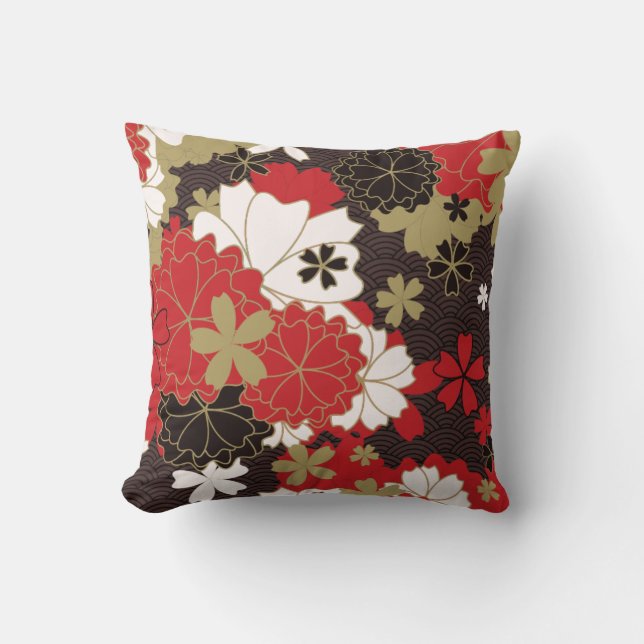 Elegant Red and Black Floral Pattern Throw Pillow (Front)