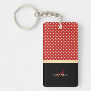 Elegant Red and Black, Golden Hearts Name Monogram Keychain