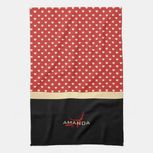 Elegant Red and Black, Golden Hearts Name Monogram Kitchen Towel