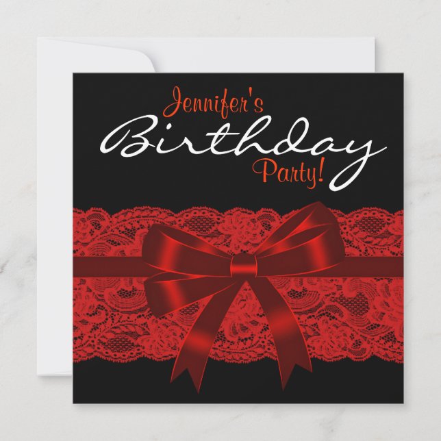 Elegant Red and Black Lace Birthday Party Invitation (Front)