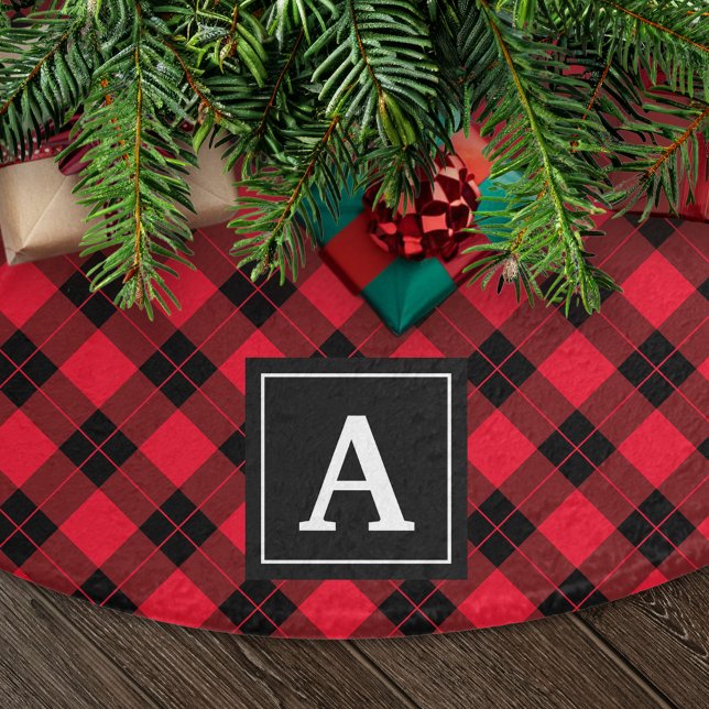 Elegant Red and Black Plaid Monogram Brushed Polyester Tree Skirt (Creator Uploaded)
