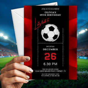 Elegant Red And Black Soccer Birthday Invitation