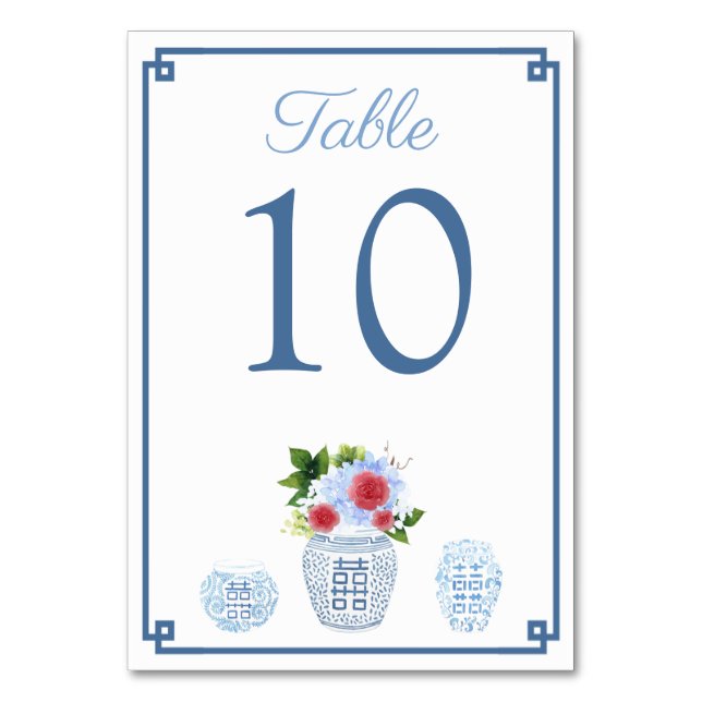 Elegant Red And Blue Chinoiserie Wedding Shower Table Number (Front)