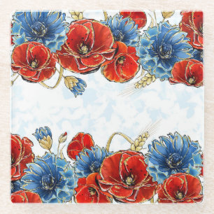 Elegant Red and Blue Remembrance Poppies Glass Coaster