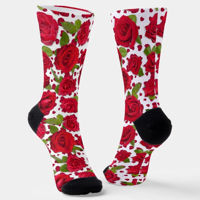 Elegant Red And Dark Pink Floral Roses Pattern Socks (Angled)