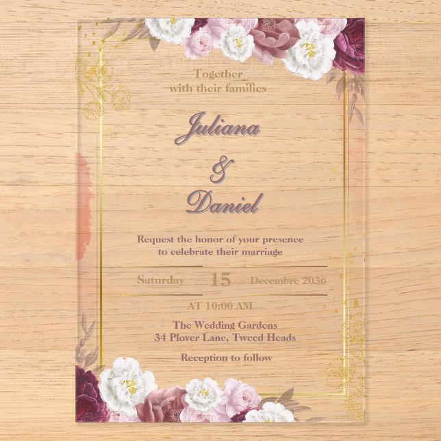 Elegant Red and Gold Acrylic Wedding Invitations (Front)