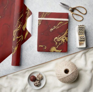 Elegant Red and Gold Autumn Fall Marble Stone Wrapping Paper