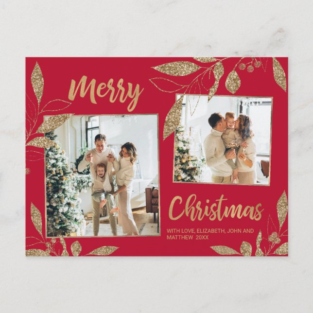 Elegant Red and Gold Botanical 2 Photo Christmas Postcard (Front)