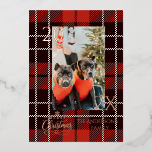 Elegant Red and Gold Buffalo Plaid Christmas Foil Holiday Card