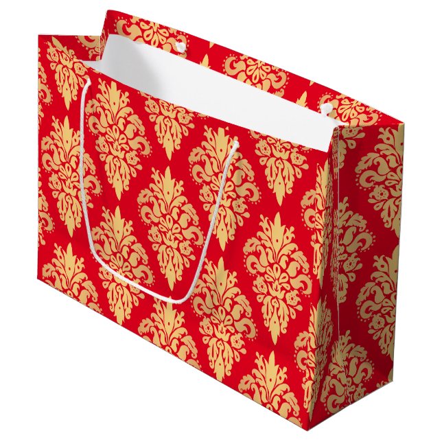 Elegant Red and Gold Christmas Damask Pattern Large Gift Bag (Front Angled)