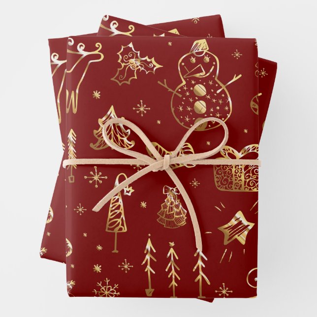 Elegant Red and Gold Christmas Pattern Wrapping Paper Sheet (In situ)