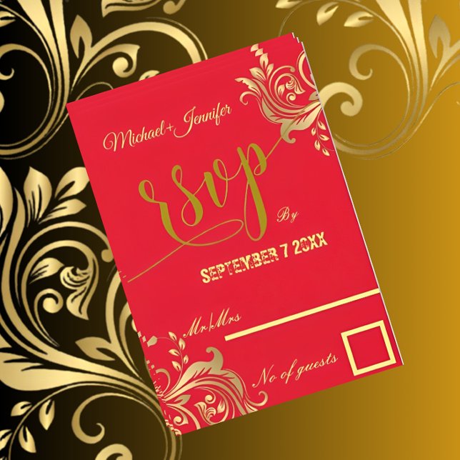 Elegant Red And Gold Custom Design Wedding  RSVP Card (Creator Uploaded)