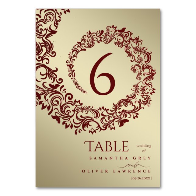 Elegant Red and Gold Damask Wedding Table Number  (Front)